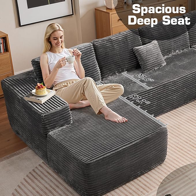 133.1'' Boneless Sectional Couches for Living Room, Oversized Cloud Couch with Chaise & Ottoman, Modular Sofa Sets Deep Seat Plush Corduroy, No Assembly Required,Plush Corduroy,Gray