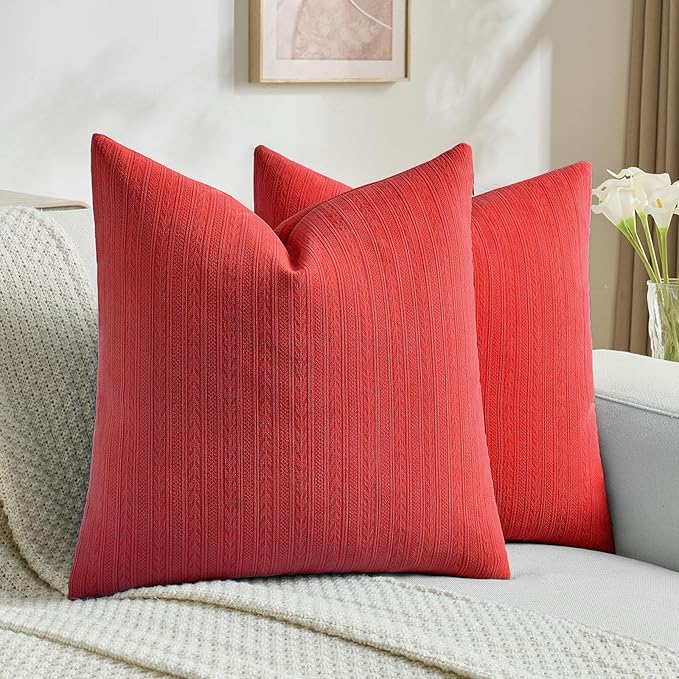 FUTEI Christmas Red Decorative Throw Pillow Covers 22x22 Inch Set of 2,Soft Cozy Wheat Ear Striped Patterns Cushion Cases,Modern Home Decor for Couch Bed Living Room