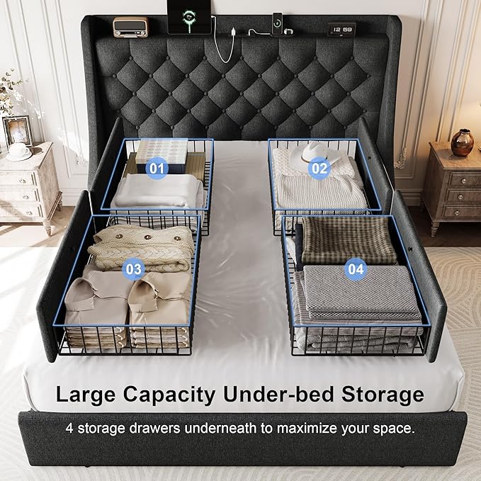 Queen Size Upholstered Platform Bed Frame with 4 Storage Drawers and Charging Station, Linen Button Tufted Wingback Headboard, Sturdy Wooden Support Slats, No Box Spring Needed, Dark Grey