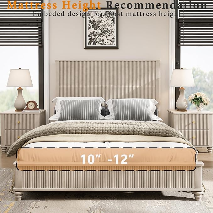 Queen Size Solid Wood Platform Bed Frame, Solid Wood Bed with 63.58" Headboard, Solid Wood Leg/No Box Spring Needed/Noise Free/Beige