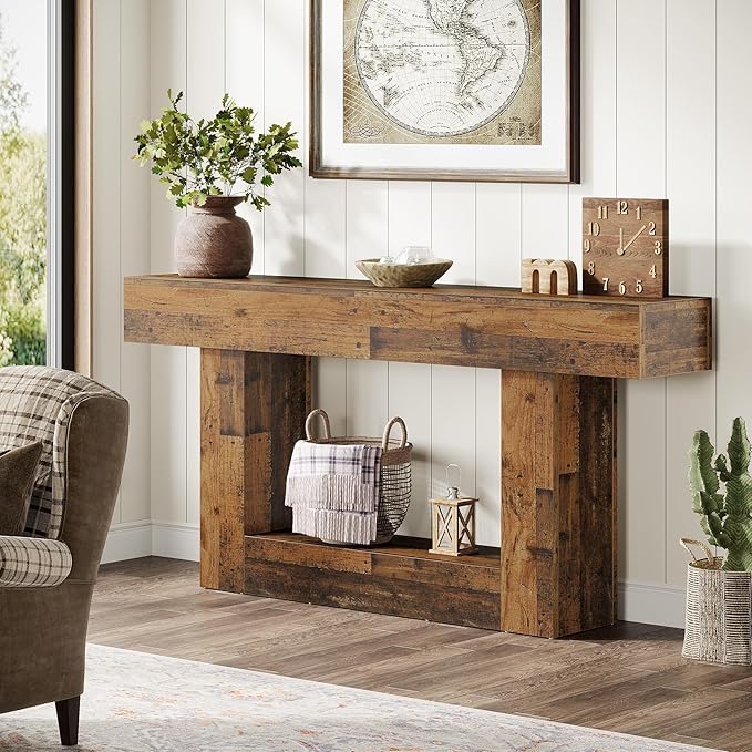 Tribesigns 63" Console Table, Farmhouse 2-Tier Entryway Table with U-Shaped Base, Narrow Long Wood Sofa Table Behind Couch Table for Living Room, Hallway, Foyer, Mix Brown