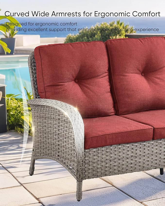 HUMMUH Outdoor Patio Couch-Outdoor Rattan Couch with Thick Cushions Outdoor Sofa for Deck Lawn Porch Balcony Poolside-Grey/Red