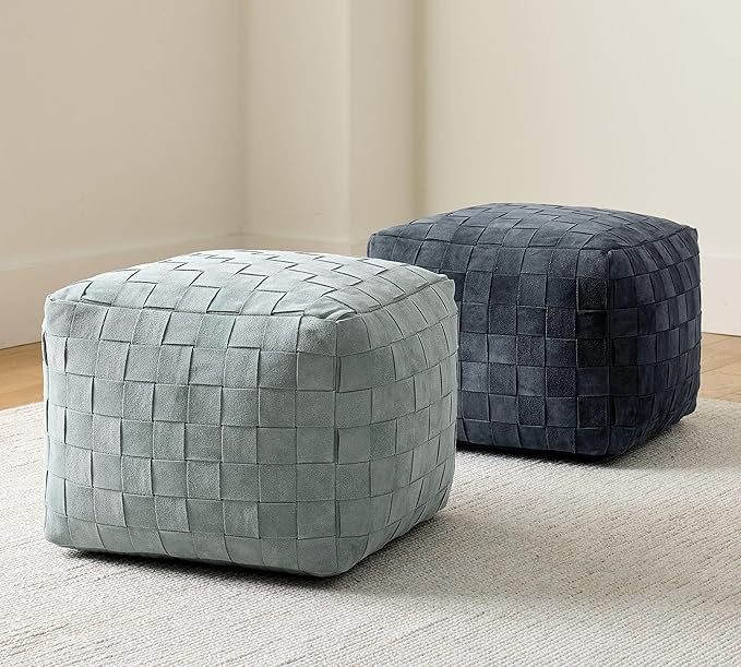Luxury Handcrafted Suede Basketweave Pouf Ottoman – Soft & Durable Floor Cushion, Footrest, Accent Seating for Living Room, Bedroom, Office Stylish Modern Home Décor (Navy, 18" x 18" x 14")