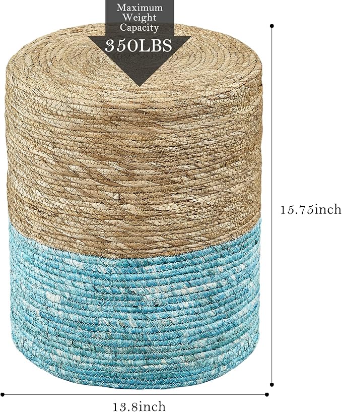 Wimarsbon Ottoman Poof, Natural Seagrass Poufs, Hand Weave Round Footstool, Pouffe Accent Chair, Sitting Braided Footrest W/Jute Cover, Outdoor Ottoman, for Living Room, Bedroom