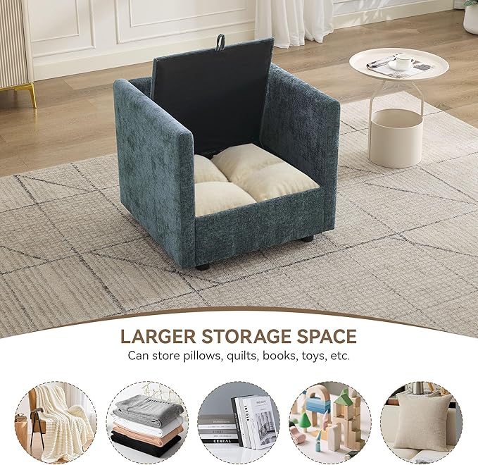 30" Cloud Modular Single Sofa Chair with Storage, Modern Upholstered Accent Chair Deep Seat, Chenille Reading Lounge Armchair for Living Room, Bedroom, Small Space, Blue