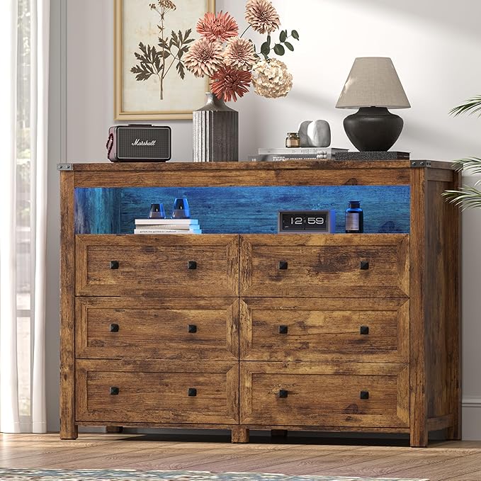 Dresser for Bedroom with 6 Drawers, Wide Chest of Drawers with LED Light and Power Outlet, Wooden Closet Organizer Clothes Storage Cabinet, Modern Double Dressers for Living Room, Hallway, Brown
