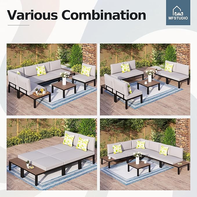 MFSTUDIO 7 Pieces Patio Furniture Set,Outdoor Metal Frame Patio Sectional Sofa Conversation Set with 2 Coffee Tables&Removable Cushion for Backyard,Garden,Poolside