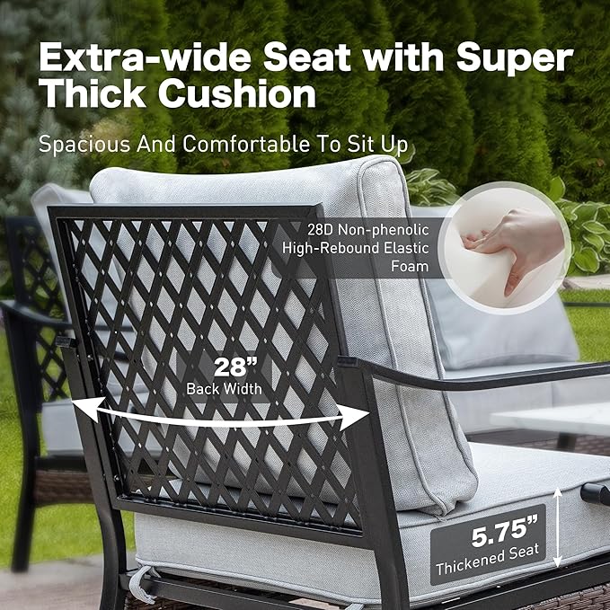 5 Piece Metal Outdoor Patio Furniture Set, Patio Conversation Sets 1 3-Seater Sofa, 2-Seater Sofa, 2 Fixed Sofa with 5.75" Cushion & Coffee Table Black Backyard Furniture, Light Gray