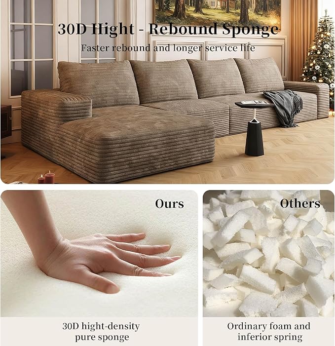 135.4'' Oversized Cloud Sofa Sectional Couch, Boneless Couch with L-Shape Chaise, Upholstered Compression Modular Sectional Sofa for Living Room, No Assembly Required (Camel, Left Facing Chaise)