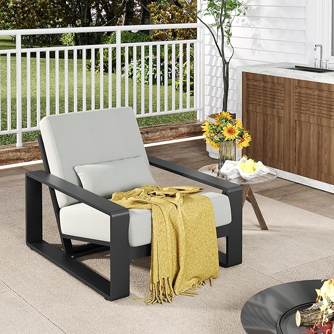 Christopher Knight Home Aspen Outdoor Aluminum Club Chair, Durable Aluminum Lounge Chair, Armchair with Cushions, Metal Accent Chair, Tilt Backrest Recliner for Backyard, Garden, Balcony, Black+Grey