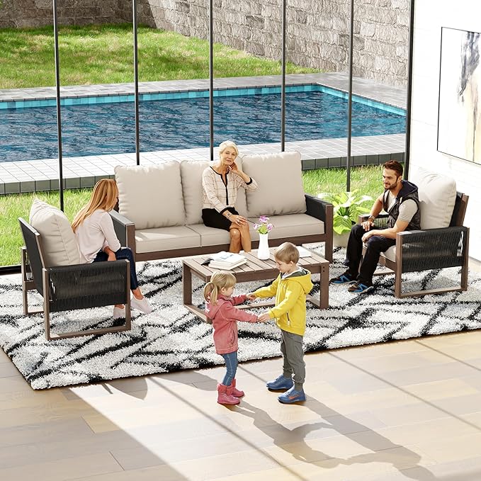 4 Piece Patio Furniture Set, Wooden Outdoor Furniture Conversation Set with Coffee Table, Modern PE Wicker Patio Chairs Conversation Sets with Sofa for Garden, Terrace, Porch, Balconies, Lawns