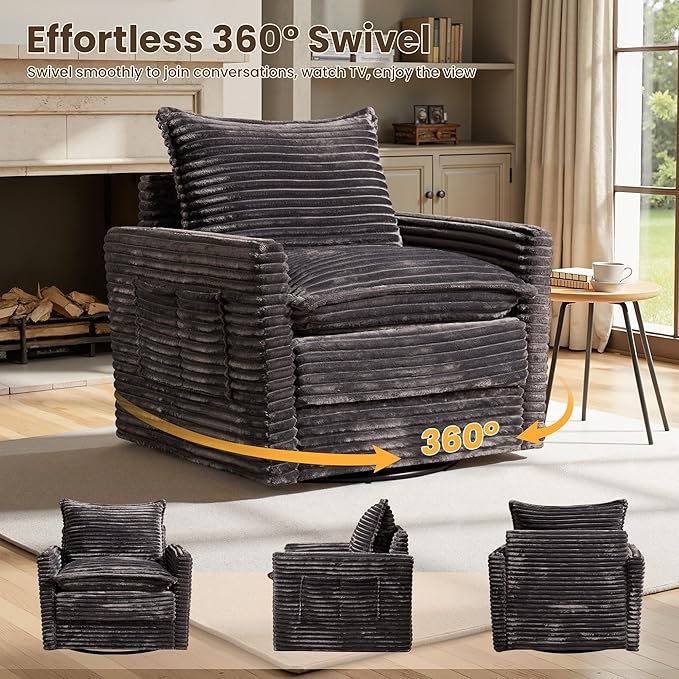 98" Modular Sofa with Swivel Chairs, Modern L Shape Cloud Sectional Couch Plush Corduroy 5 Seater Deep Seat Sofas Set & Accent Armchair Set of 2 for Living Room, Gray