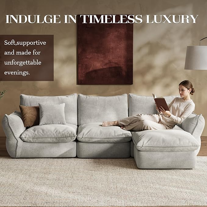 106'' Down Blend L-Shaped Sectional Sofa, Deep Seat Feather-Filled Cushions, Oversized Cloud Couch with Sink-in Comfort, Modern Living Room Sofa – Pebble Gray
