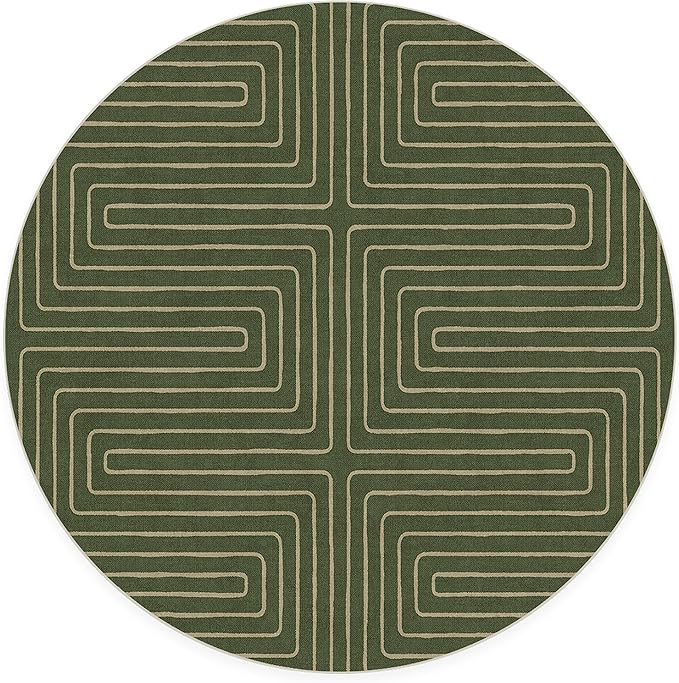 RUGGABLE x Jonathan Adler Machine Washable Area Rug – Labyrinth Fern Green 6 ft Round, Stain-Resistant, Non-Slip – Medium Rugs for Living Room, Bedroom, Hallway, Entryway & Office–with Standard Pad