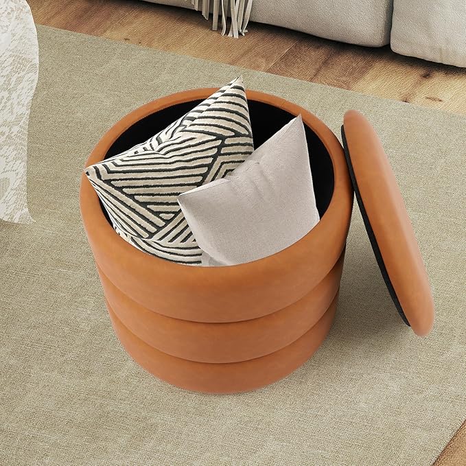 DAGONHIL Round Ottoman with Storage, PU Leather Footrest, Hidden Storage Ottoman Stool,Vanity Stool for Bedroom, Living Room, Entryway, Brown