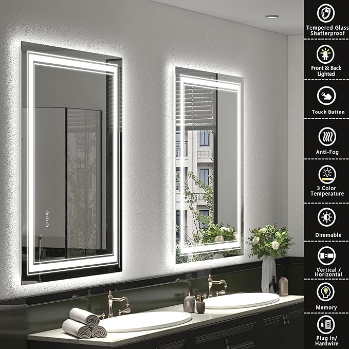 28x36 LED Lighted Mirror for Bathroom Wall, Dimmable Vanity Mirror with Lights, Backlit and Front lit, Dimmable, Anti-Fog, Shatter-Poof (Horizontal/Vertical)