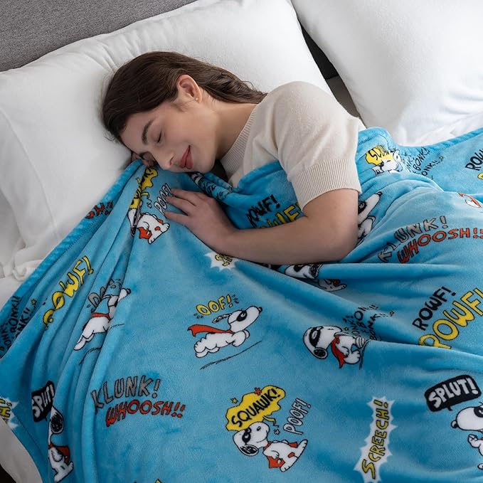 Berkshire Blanket Peanuts® VelvetLoft® Cute Character Snoopy Plush Blanket,Peanuts Large Masked Marvel Toss Happy Blue,Full/Queen 90 in x 90 in (Official Peanuts® Product)