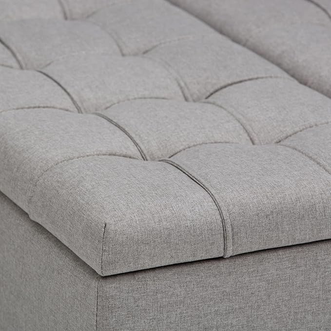SIMPLIHOME Harrison Coffee Table Storage Ottoman - 36 inch Wide Upholstered Linen Look Fabric Square Storage Ottoman in Oyster Grey, Transitional Tufted Ottoman for Living Room with Split Lift-Up Lid