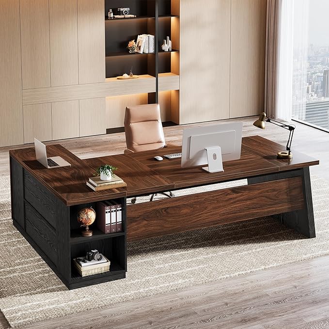 Tribesigns 78" L Shaped Executive Desk, Large Office Desk with Drawers and Storage Shelves, Modern Corner Computer Table Business Furniture for Home Office (Black & Brown)