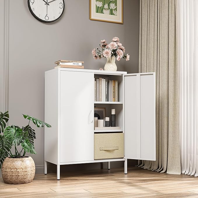 Metal Locker Cabinet with 2 Doors, White Metal Accent Cabinets for Home Office, 40" Counter Height Storage Lockers Sideboard for Home Office Kitchen Living Room Hallway Entryway