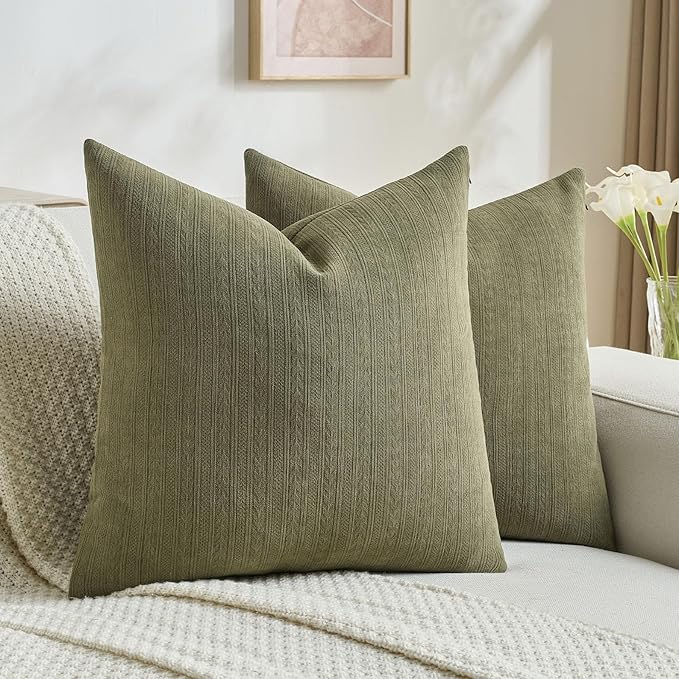 FUTEI Olive Green Decorative Throw Pillow Covers 16x16 Inch Set of 2,Soft Cozy Wheat Ear Striped Patterns Cushion Cases,Modern Home Decor for Couch Bed Living Room