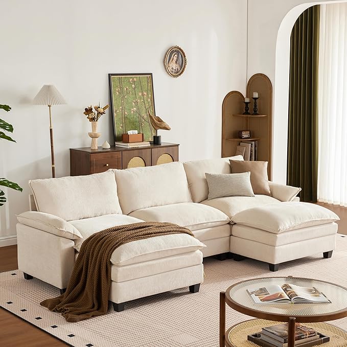 114 Inch Cloud Couch Sectionals with Ottoman, Big Comfy Modular Couches, Cloud Sofas, L Shaped 5 Seat Modular Sectional Sofa, Modern Sectional Couches for Living Room, Deep Seat Sofa, Beige