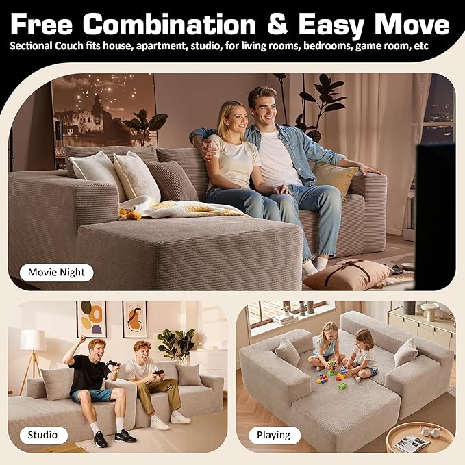 106" Cloud Sectional Couch with Chaise Lounge,L Shaped Modular Modern Sofa,Comfy Corduroy Fluffy Couches with Deep Seat,No Assembly Required Couch for Living Room(Left,Stripe Corduroy,Camel)