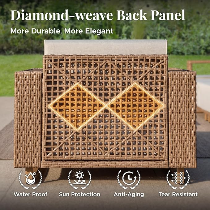 Outdoor Patio Furniture Set, 6 Piece Outdoor Rattan Wicker Couch, Conversation Sets with 2 Single Sofas, 2 Armchairs and 2 Ottomans for Deck Backyard Lawn