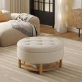 Vabches 31 Inch Round Storage Ottoman, Upholstered Velvet Tufted Foot Rest with Lift-Off Lid, Coffee Table with Commodity Shelf for Living Room, Beige