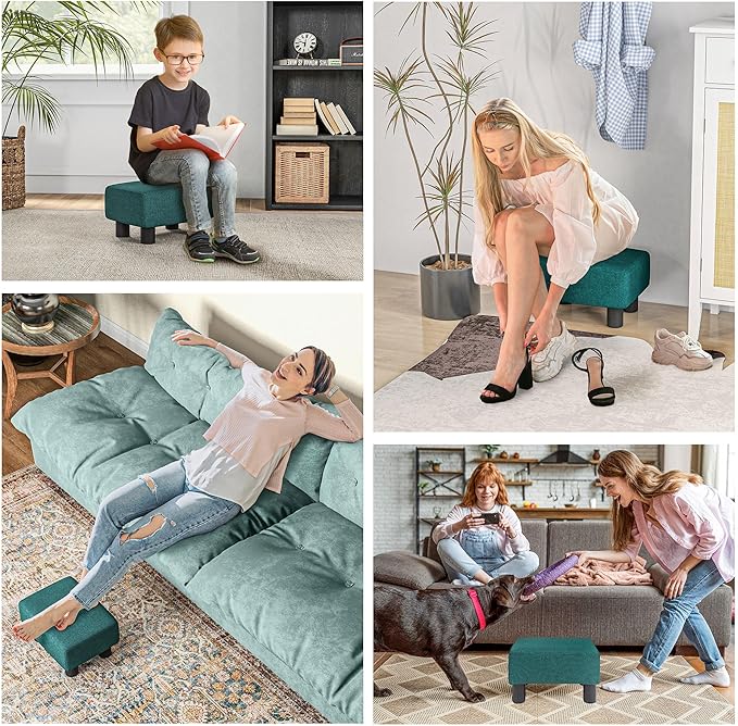 HOMCOM Ottoman Foot Rest, Small Foot Stool with Linen Fabric Upholstery and Plastic Legs, Cube Ottoman for Living Room, Green