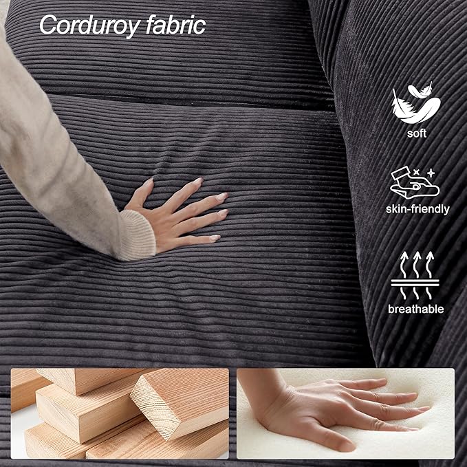 Sofa Set for Living Room Corduroy Couch Sets 3 Seater and Single Chair, Sofas for Apartment and Small Spaces .(Grey, Sofa Set)