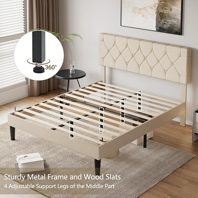 VECELO Full Size Bed Frame with Button Tufted Headboard, Upholstered Platform with Wooden Slat Support, No Box Spring Needed, Cream Beige