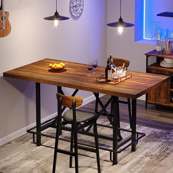 Tribesigns Bar Table, Industrial Counter Height Pub Table with Metal Footrest, 63-Inch Rectangle Wood Kitchen Dining Table with Sturdy Metal Frame for Dining Room, Home Bar (Brown)