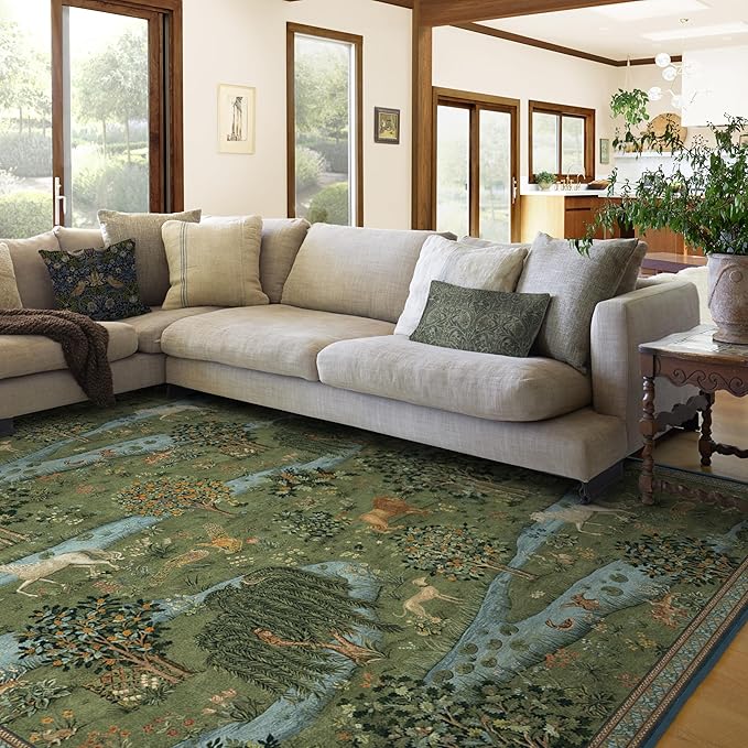 RUGGABLE x Morris & Co Washable Area Rug – Owl & Willow Green 8x10, Stain-Resistant, Non-Slip – Large Machine Washable Rugs for Living Room, Bedroom, Hallway, Entryway & Office–with Cushioned Pad