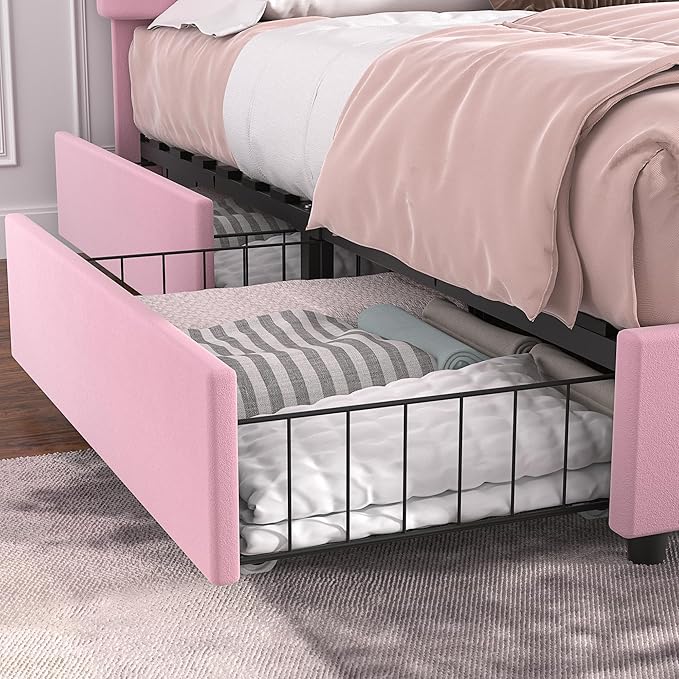 VECELO Full Size Upholstered Bed Frame with 4 Drawers and Headboard, Velvet Platform Storage Bedframe, Wooden Slats Support, No Box Spring Needed,Pink