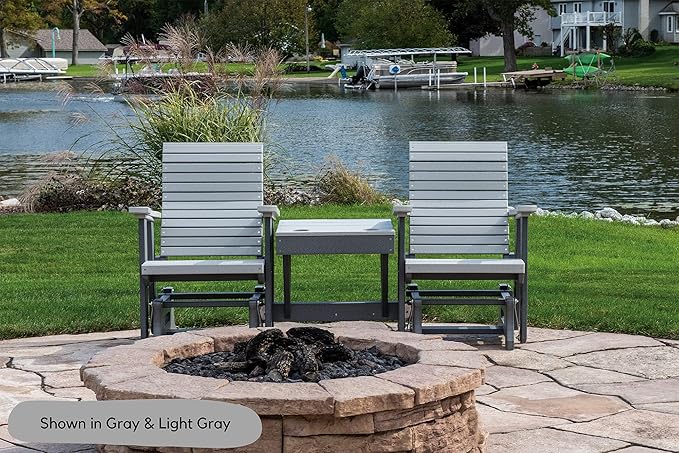 DutchCrafters Modern Horizontal Slat High Back Poly Double Glider Chairs with Center Table Outdoor Patio Furniture (White & Cedar)