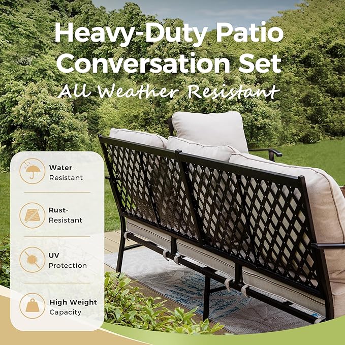 Patio Furniture Set with Firepit Table, 4 Pcs Metal Outdoor Conversation Set, 2 Single Chairs and 3 Seater Sofa with 5.75" Extra Thick Cushion and Gas Fire Pit Table for Backyard Deck, Beige