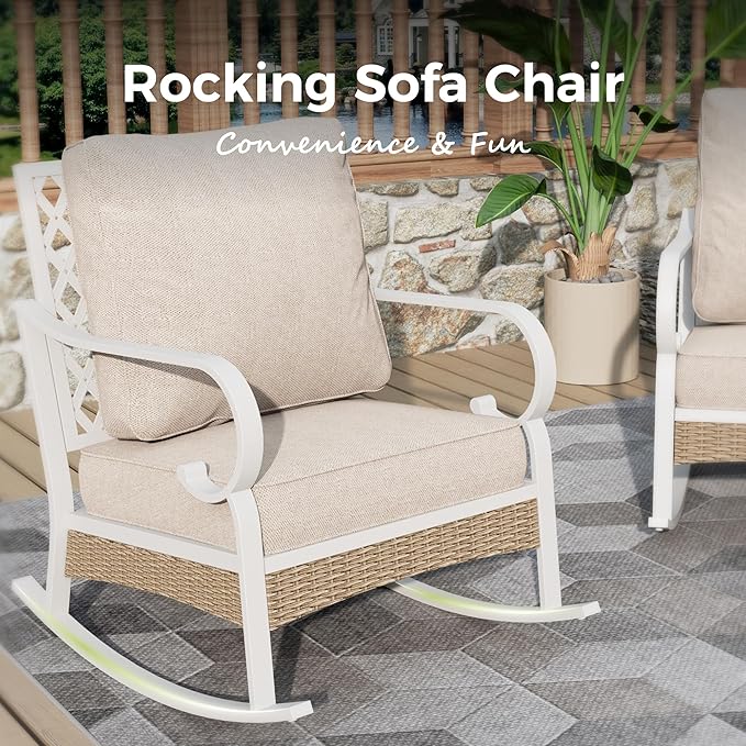 Outdoor Patio Rocking Sofa Chairs Set of 2 Steel Frame Porch Furniture with Deep Seating and 5.5" Cushions for Lawn Backyard Deck, Beige