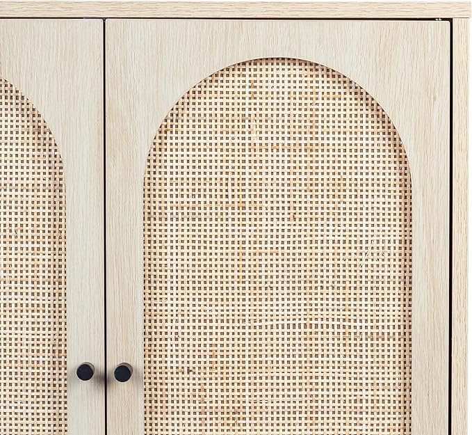 Sideboard Buffet Cabinet, High Kitchen Storage Cabinet with Rattan Doors and Adjustable Shelves, Accent Home Furniture for Living Room, Bedroom (Natural)