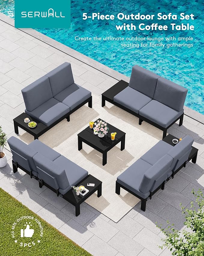 SERWALL HDPE Patio Furniture Set, All-Weather Modular Outdoor Conversation Furniture, Seats 8, Outdoor Sofa Set for Garden, Deck or Poolside, Black Frame with Grey Cushion