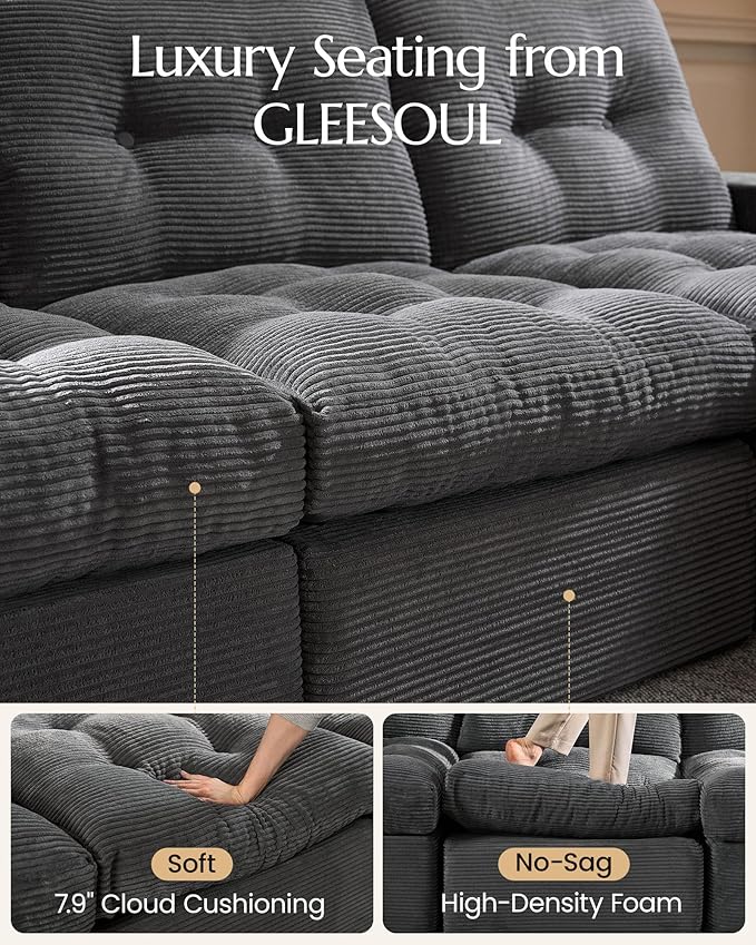 High Back Boneless Couch, Oversized Cloud Couch with Versatile 2-Pack Pillow Blankets, Corduroy Modular Sectional Sofa with Ottoman, No Assemble Sectional Couches for Living Room, Dark Grey