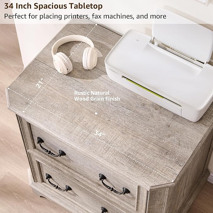 T4TREAM 34" Farmhouse Lateral File Cabinet for Home Office, Large 2-Drawer Wood Filing Cabinet w/Smooth Rails, Fits Letter/Legal Files, Storage Cabinet w/Framed Drawer Front Design, Light Rustic Oak