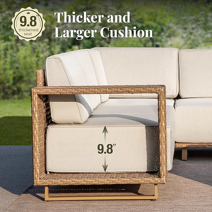 Outdoor Patio Furniture Set, 6 Piece Outdoor Rattan Wicker Couch, Conversation Sets with 2 Single Sofas, 2 Armchairs and 2 Ottomans for Deck Backyard Lawn