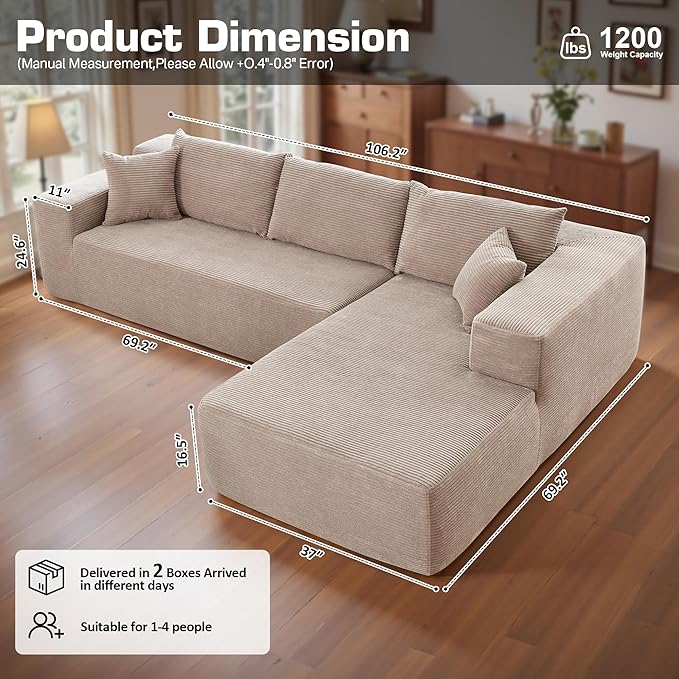 106" Cloud Sectional Couch with Chaise Lounge,L Shaped Modular Modern Sofa,Comfy Corduroy Fluffy Couches with Deep Seat,No Assembly Required Couch for Living Room(Right,Stripe Corduroy,Camel)