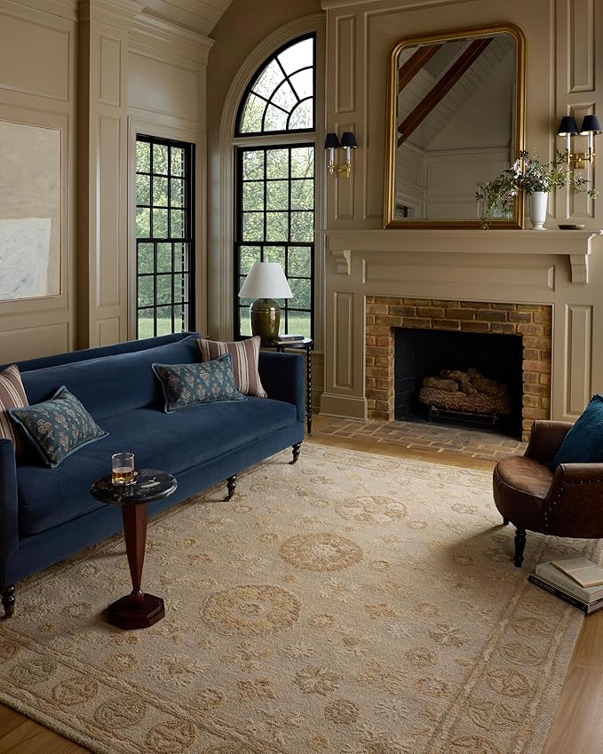 Loloi Chris Loves Julia Dorothea Collection DRT-03 Dove/Natural 2'-6" x 9'-9" Runner Rug Wool Neutral Floral Living Room Bedroom Carpet