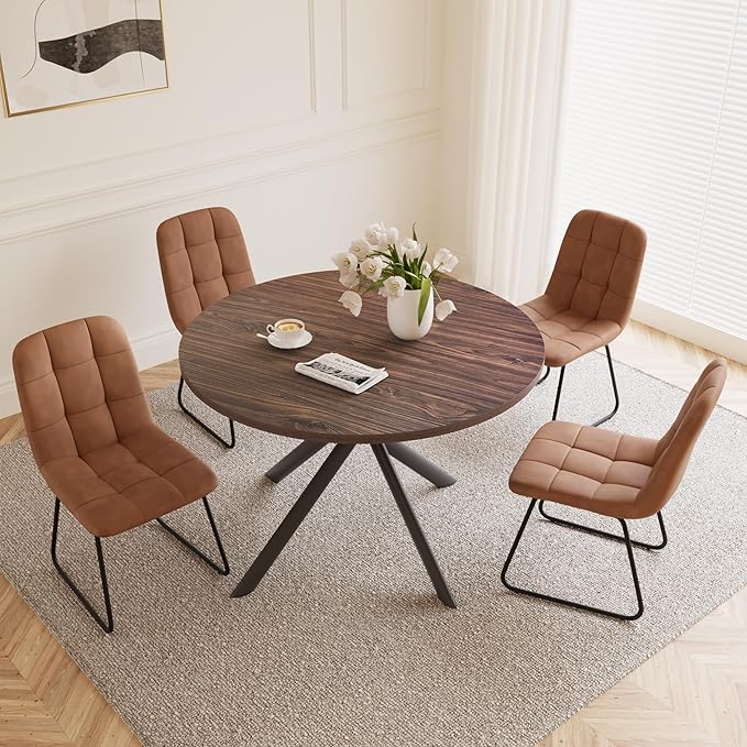 45.3 Inch Round Dining Table Set for 4, Mid Century Modern Small Coffee Set for Dining Room Kitchen Apartment (Dark Walnut Table + 4 U-Shaped Brown Chairs)