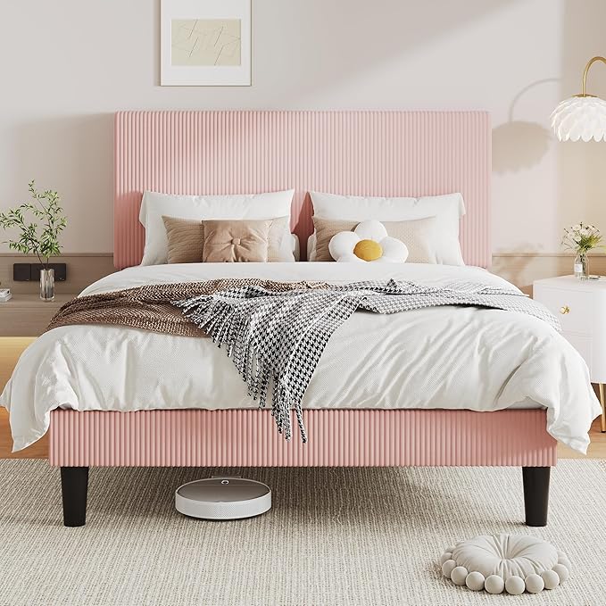 Allewie Full Size Upholstered Bed Frame with Vertical Channel Tufted Headboard, Soft Corduroy Fabric Platform Bed, Strong Wooden Slats Support, Easy Assembly, No Box Spring Needed, Light Pink