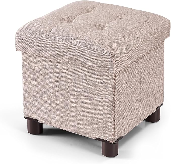BRIAN & DANY Small Ottoman with Storage, Small Storage Ottoman, Folding Foot Stool with Wood Legs for Living Room and Bedroom Linen Rest Seat, 12.6"x12.6"x12.8" - Beige