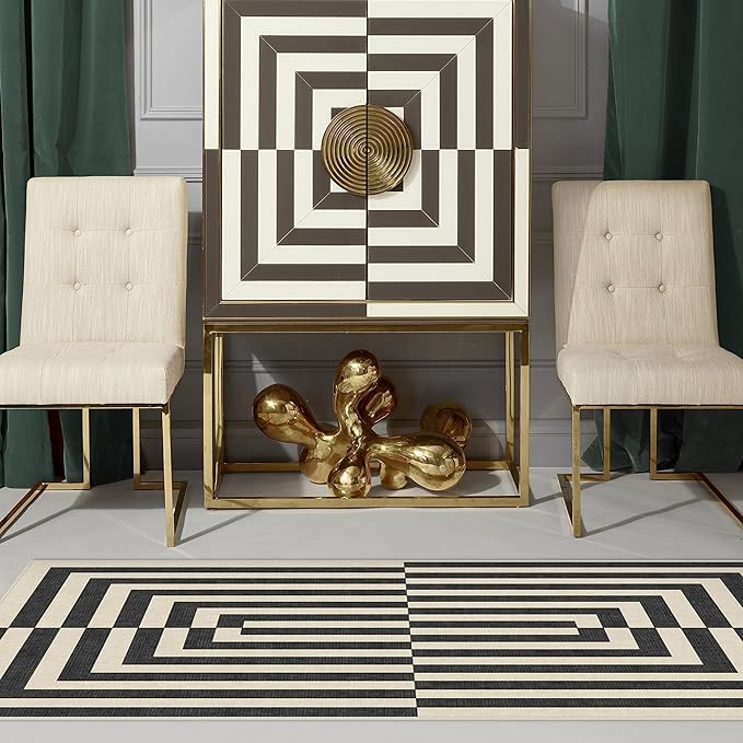 RUGGABLE x Jonathan Adler Machine Washable Modern Area Rug – Op Art Charcoal 8 ft Round, Stain-Resistant, Non-Slip – Large Rugs for Living Room, Bedroom, Hallway, Entryway & Office–with Standard Pad