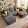 106" Cloud Sectional Couch with L-Shape Chaise & Ottoman, No Assembly Modular Sofa, Deep Seat Corduroy Boneless Couched for Living Room (Gray Stripe Corduroy, Right Facing Chaise with Ottoman)